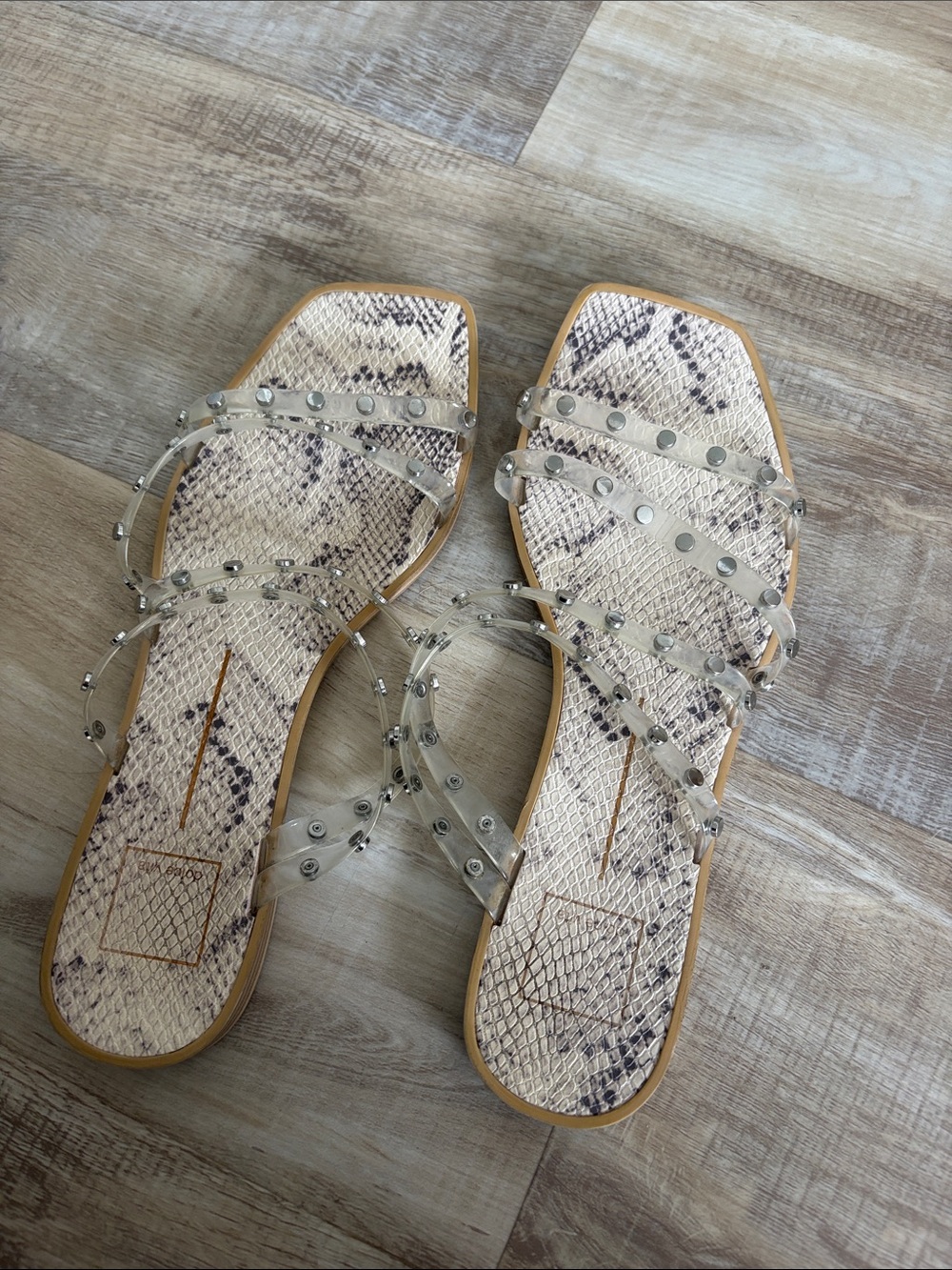 Dolce Vita Clear Studded Sandal with Beige Snake-Print Footbed
